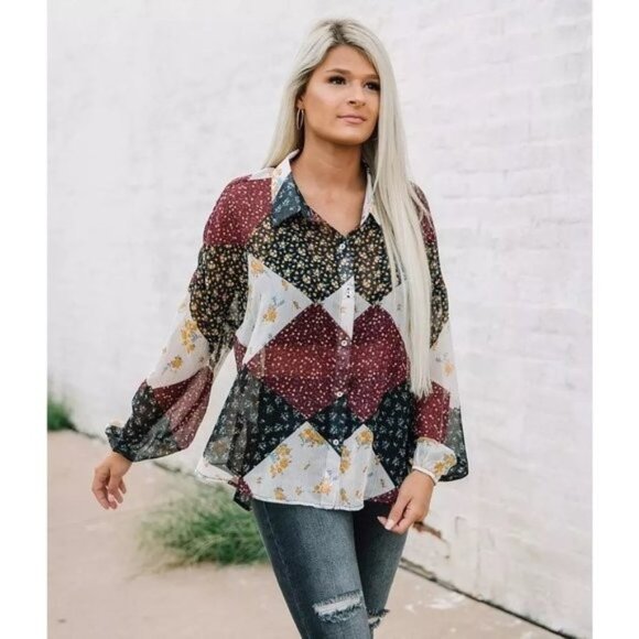 willow & root Tops - Buckle Willow & Root Sheer Floral Checkered Top XL
